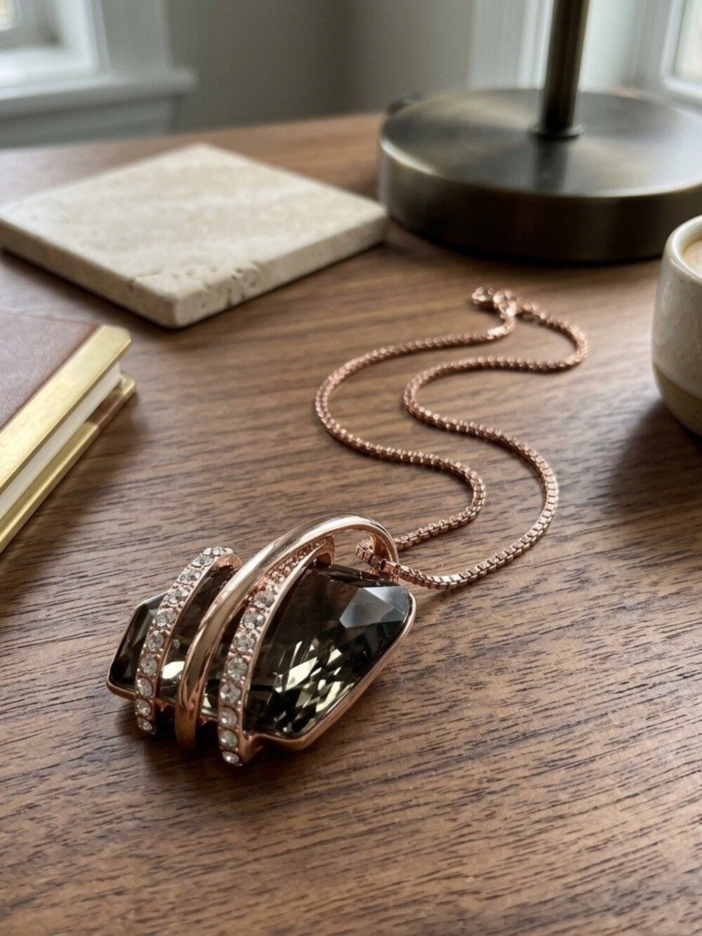 Wish Stone Necklace Rose Gold Black Crystal Pendant Swirl Wrap CZ Birthstone